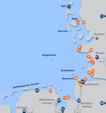 Karte mit Pensionen und anderen Unterk�nften in der Nordsee-Region