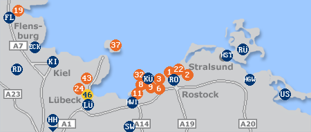 Karte mit Pensionen und anderen Unterk�nften an der Ostsee