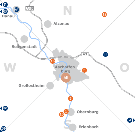 Karte mit Pensionen und anderen Unterk�nften rund um Aschaffenburg