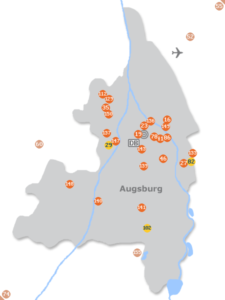 Karte mit Pensionen und anderen Unterk�nften in Augsburg