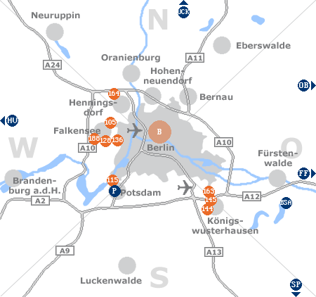 Karte mit Pensionen und anderen Unterk�nften rund um Berlin