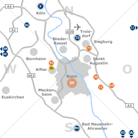 Karte mit Pensionen und anderen Unterk�nften rund um Bonn