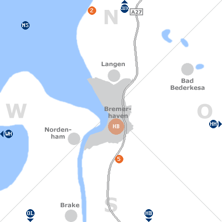 Karte mit Pensionen und anderen Unterk�nften rund um Bremerhaven