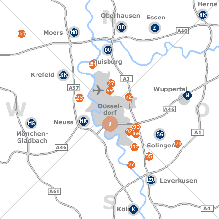 Karte mit Pensionen und anderen Unterk�nften rund um D�sseldorf