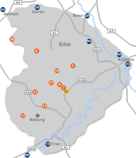 Karte mit Pensionen und anderen Unterk�nften in der Eifel
