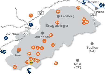 Karte mit Pensionen und anderen Unterk�nften im Erzgebirge