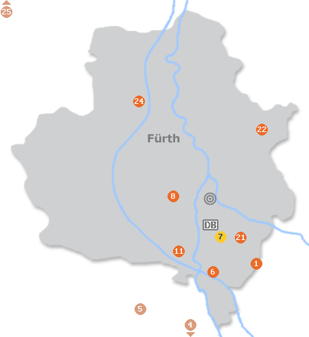 Karte mit Pensionen und anderen Unterk�nften in F�rth