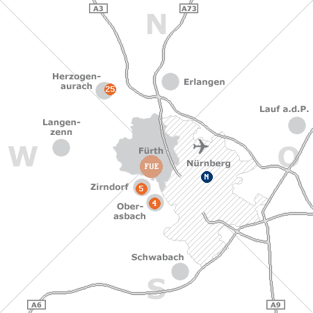Karte mit Pensionen und anderen Unterk�nften rund um F�rth