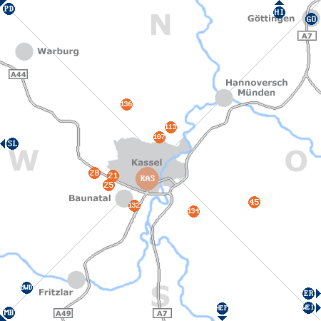 Karte mit Pensionen und anderen Unterk�nften rund um Kassel