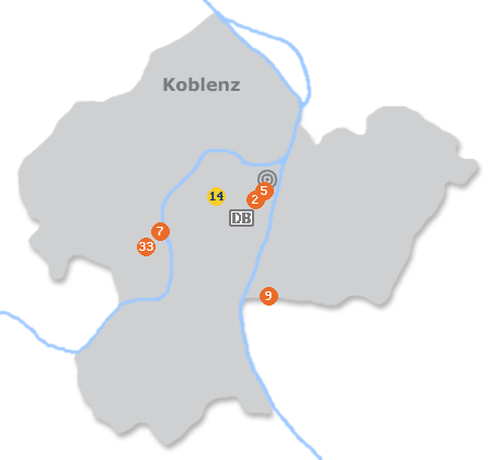 Karte mit Pensionen und anderen Unterk�nften in Koblenz