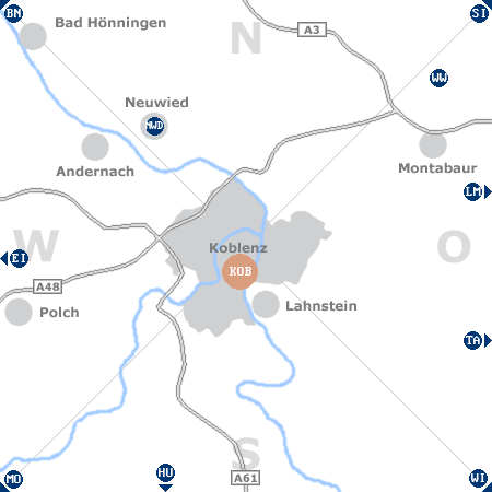 Karte mit Pensionen und anderen Unterk�nften rund um Koblenz