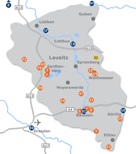 Karte mit Pensionen und anderen Unterk�nften in der Lausitz