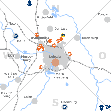 Karte mit Pensionen und anderen Unterk�nften rund um Leipzig