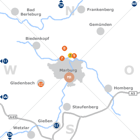 Karte mit Pensionen und anderen Unterk�nften rund um Marburg