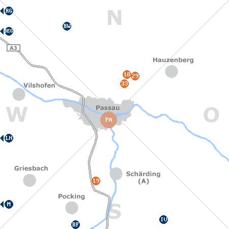 Karte mit Pensionen und anderen Unterk�nften rund um Passau