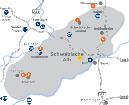 Karte mit Pensionen und anderen Unterk�nften in der Schw�bischen Alb
