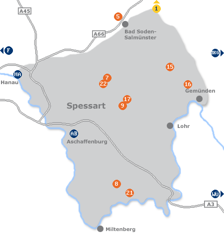 Karte mit Pensionen und anderen Unterk�nften im Spessart