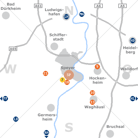 Karte mit Pensionen und anderen Unterk�nften rund um Speyer