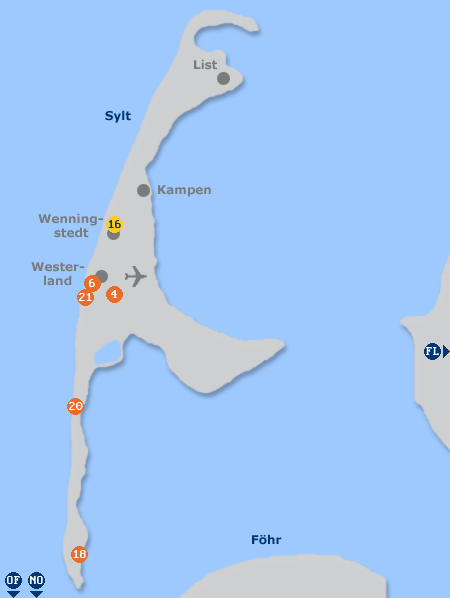 Karte mit Pensionen und anderen Unterk�nften auf Sylt