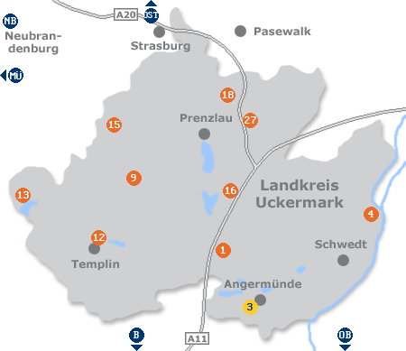 Karte mit Pensionen und anderen Unterk�nften in der Uckermark