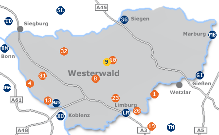 Karte mit Pensionen und anderen Unterk�nften im Westerwald
