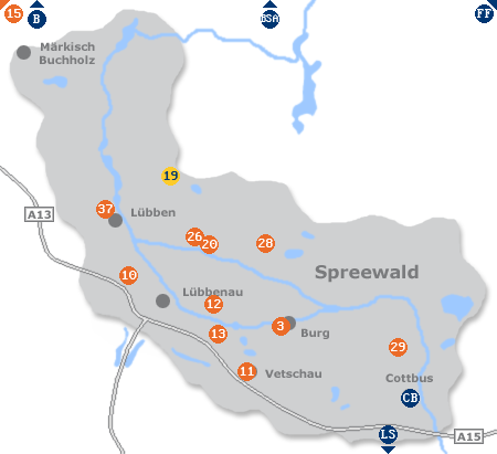 Karte mit Pensionen und anderen Unterk�nften im Spreewald