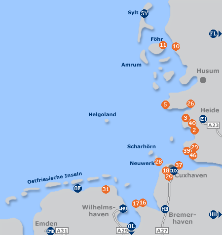 Karte mit Pensionen und anderen Unterkünften an der Nordsee