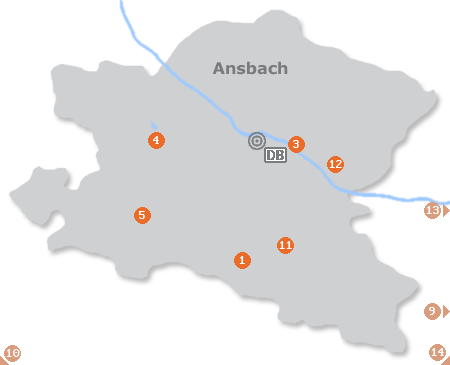 Karte mit Pensionen und anderen Unterkünften in Ansbach