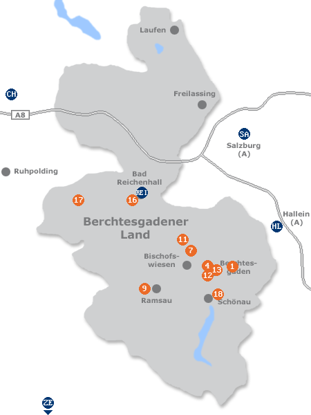 Karte mit Pensionen und anderen Unterkünften im Berchtesgadener Land