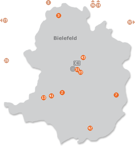 Karte mit Pensionen und anderen Unterkünften in Bielefeld