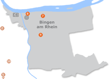 Karte mit Pensionen und anderen Unterkünften in Bingen am Rhein