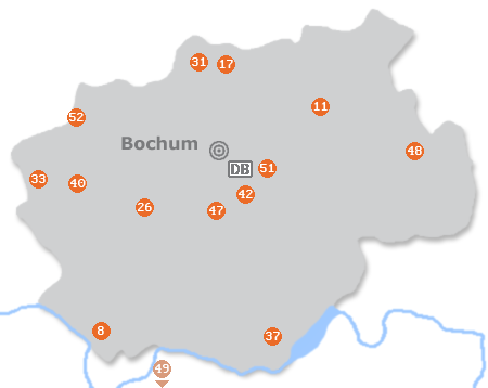 Karte mit Pensionen und anderen Unterkünften in Bochum