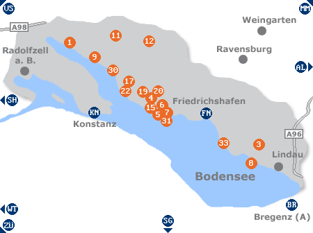Karte mit Pensionen und anderen Unterkünften am Bodensee