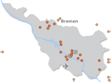 Karte mit Pensionen und anderen Unterkünften in Bremen