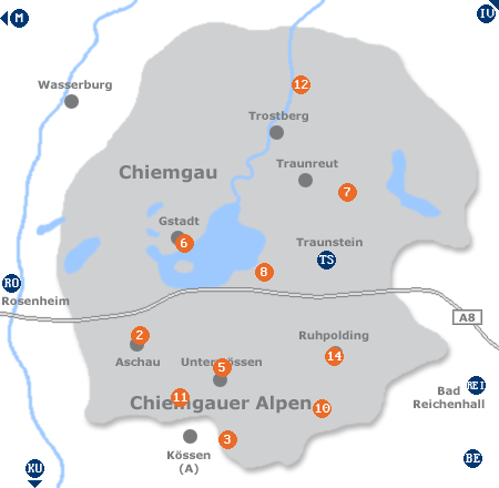 Karte mit Pensionen und anderen Unterkünften im Chiemgau
