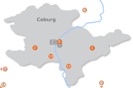 Karte mit Pensionen und anderen Unterkünften in Coburg