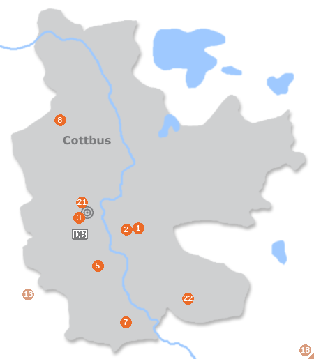 Karte mit Pensionen und anderen Unterkünften in Cottbus