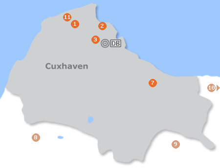 Karte mit Pensionen und anderen Unterkünften in Cuxhaven