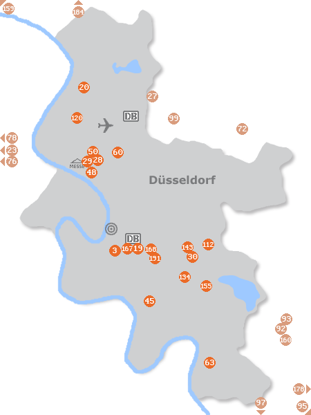 Karte mit Pensionen und anderen Unterkünften in Düsseldorf