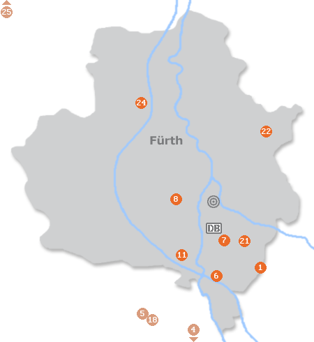 Karte mit Pensionen und anderen Unterkünften in Fürth