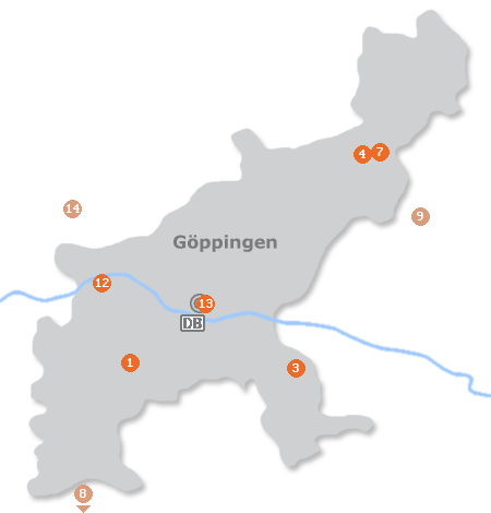 Karte mit Pensionen und anderen Unterkünften in Göppingen