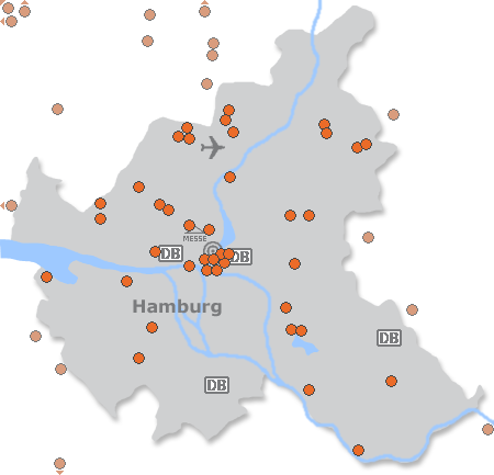 Karte mit Pensionen und anderen Unterkünften in Hamburg