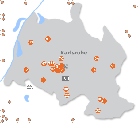 Karte mit Pensionen und anderen Unterkünften in Karlsruhe