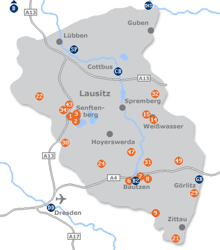 Karte mit Pensionen und anderen Unterkünften in der Lausitz