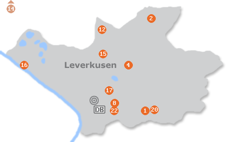 Karte mit Pensionen und anderen Unterkünften in Leverkusen