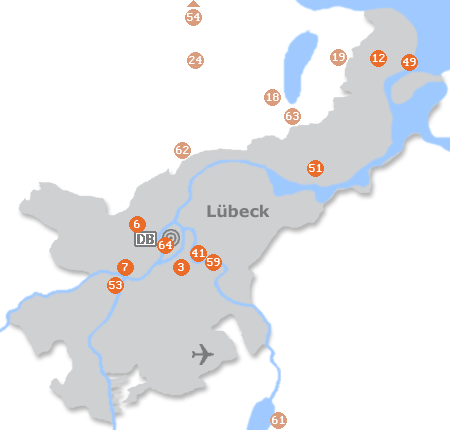 Karte mit Pensionen und anderen Unterkünften in Lübeck