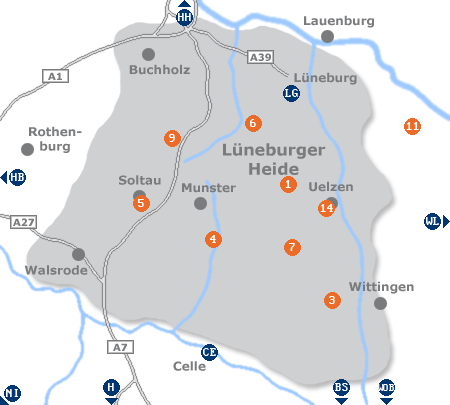 Karte mit Pensionen und anderen Unterkünften in der Lüneburger Heide