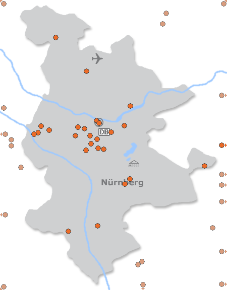 Karte mit Pensionen und anderen Unterkünften in Nürnberg