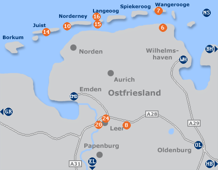 Karte mit Pensionen und anderen Unterkünften in Ostfriesland