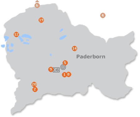 Karte mit Pensionen und anderen Unterkünften in Paderborn